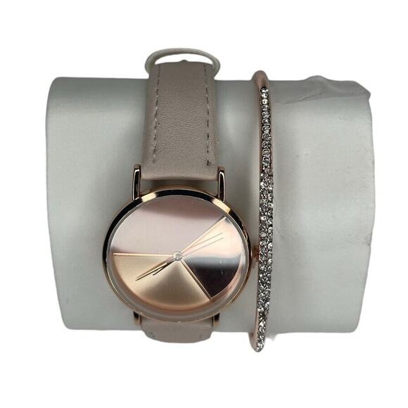 Gold Tone Crystal Watch Bracelet (2pc Set) Faux Leather Strap Trendy Stylish NWT main image 5